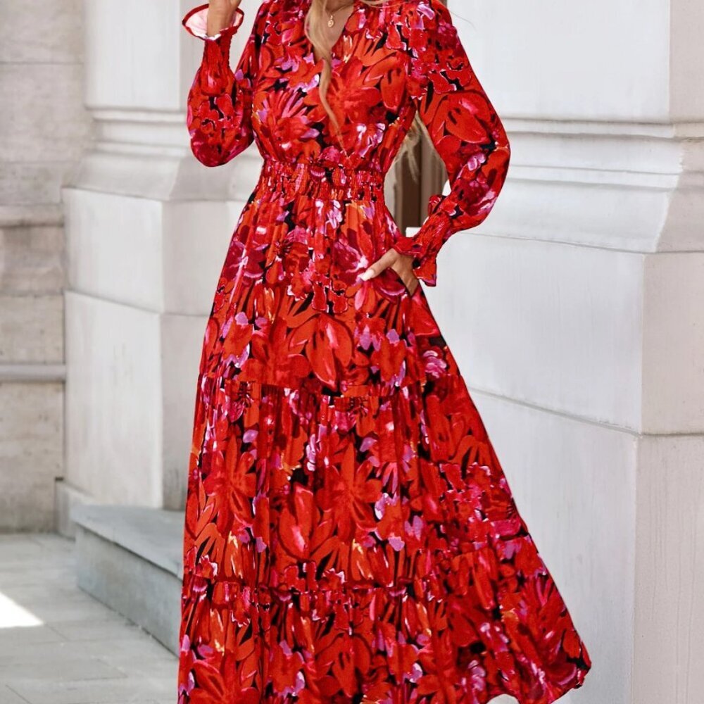 PrettyGarden Red Floral Tiered Maxi Dress Size L NWT Pockets